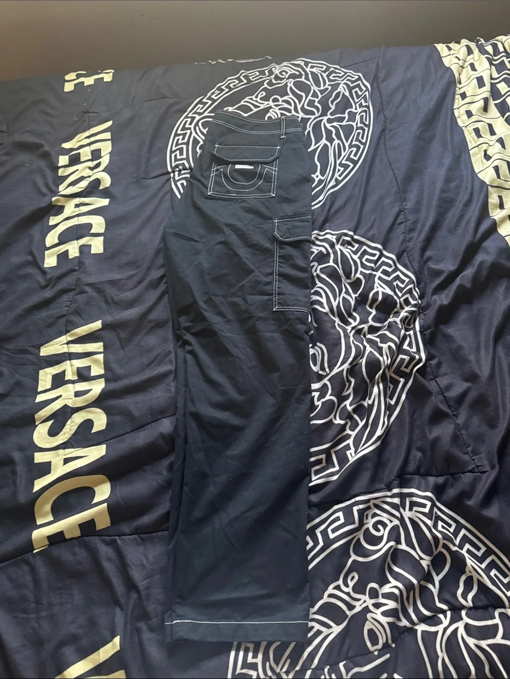 True Religion Black Cargo Pants with White Contrast Stitching